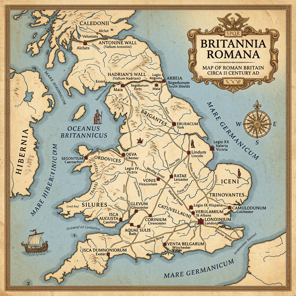 Vintage map of Roman Britain showing walls, forts, roads, and tribal regions
