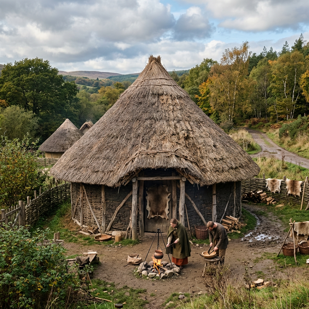 Two people cook beside a thatched roundhouse in an Iron Age settlement