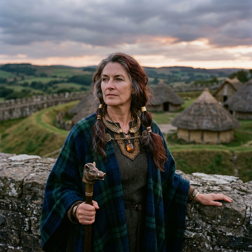 Woman in Celtic attire holding a carved staff before thatched village