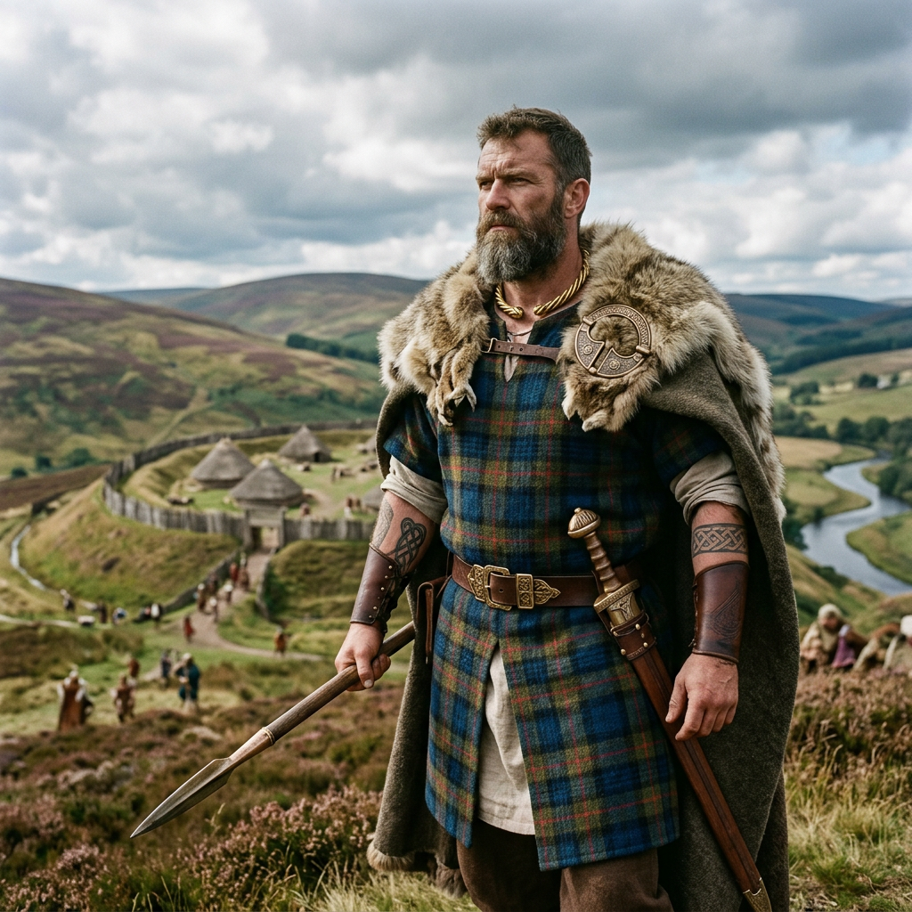 Bearded Highland warrior in tartan and fur cloak holding a spear